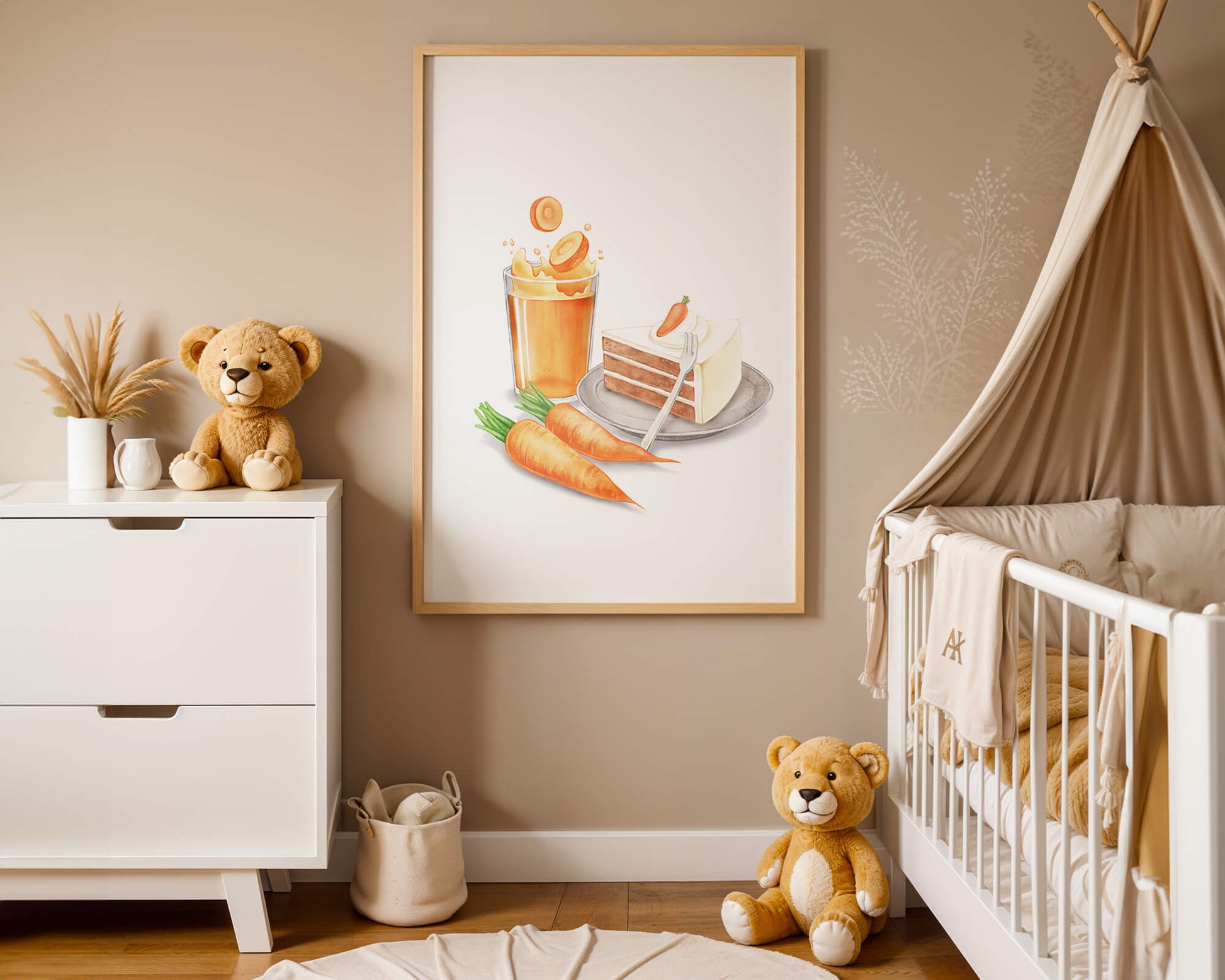 Illustration von Karottenkuchen und Saft mit frischen Karotten