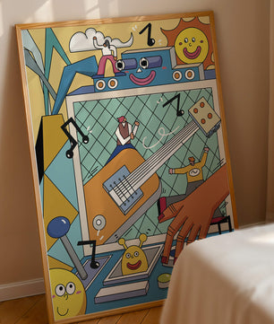 Colorful Cartoon Collage with Musical Elements and Smiling Faces
