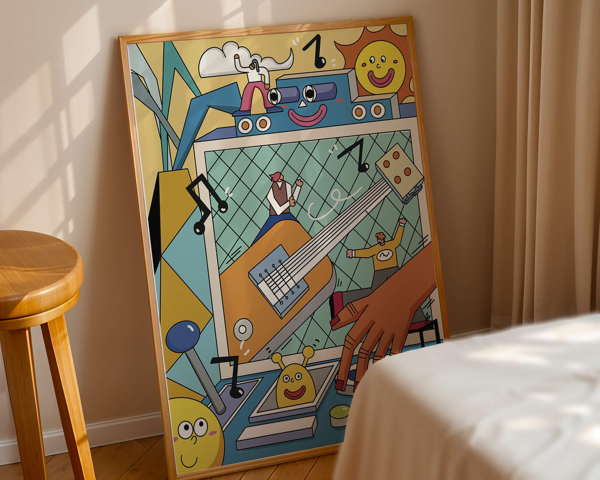 Colorful Cartoon Collage with Musical Elements and Smiling Faces