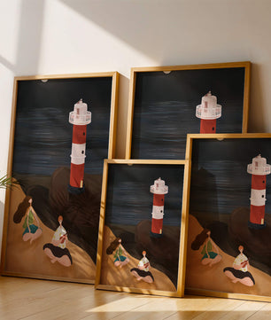 Peaceful Beach Scene with Lighthouse at Night