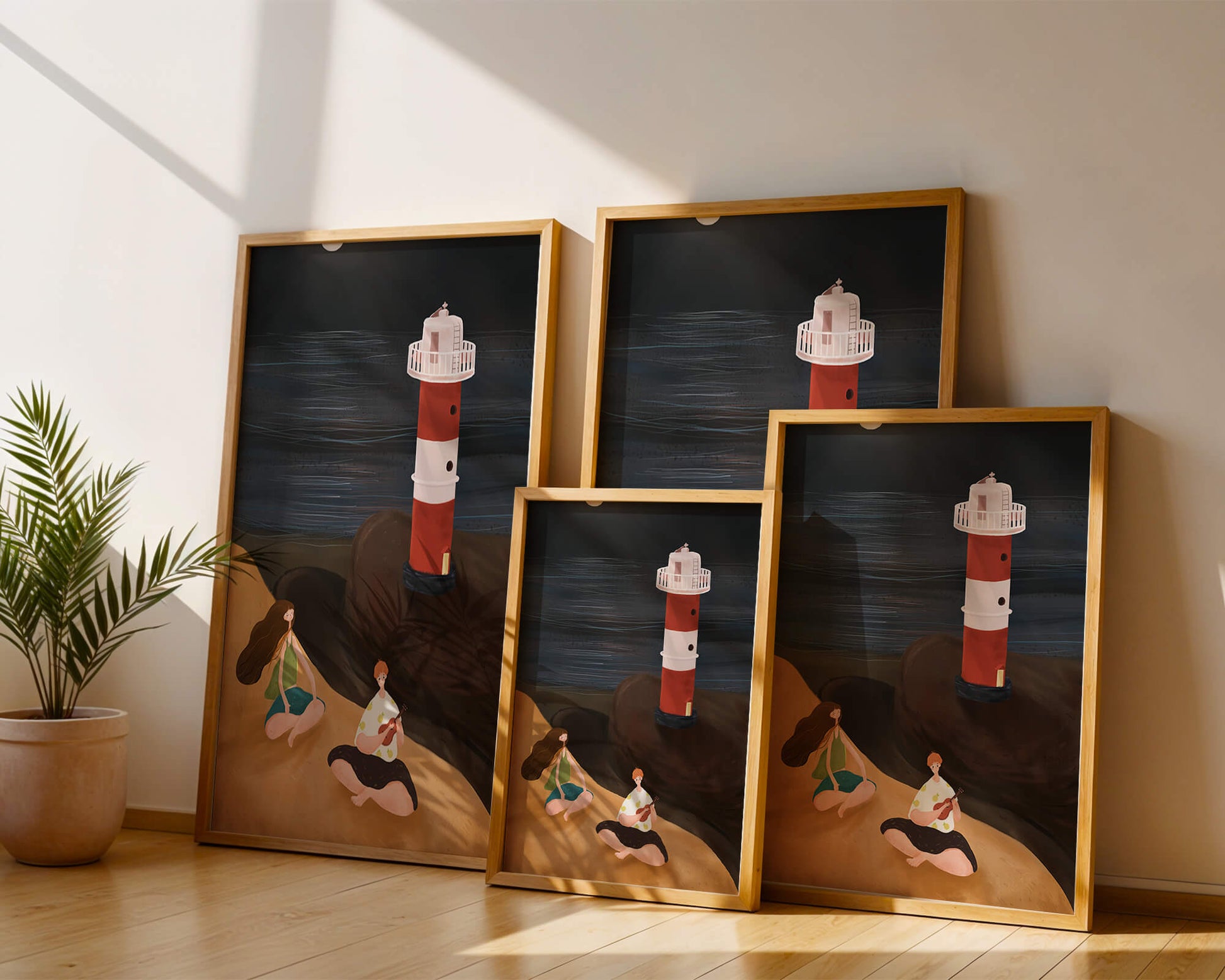 Escena de playa tranquila con faro por la noche