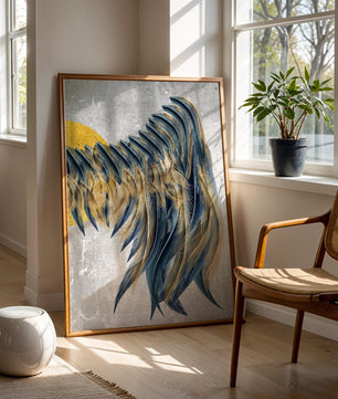 Abstract Composition with Blue and Gold Accents on Textured Background