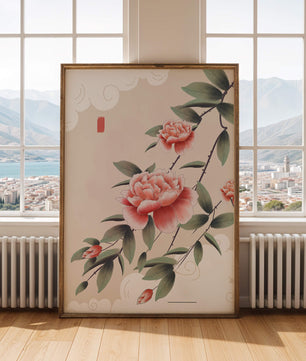 Oriental floral illustration with pink peonies and calligraphy