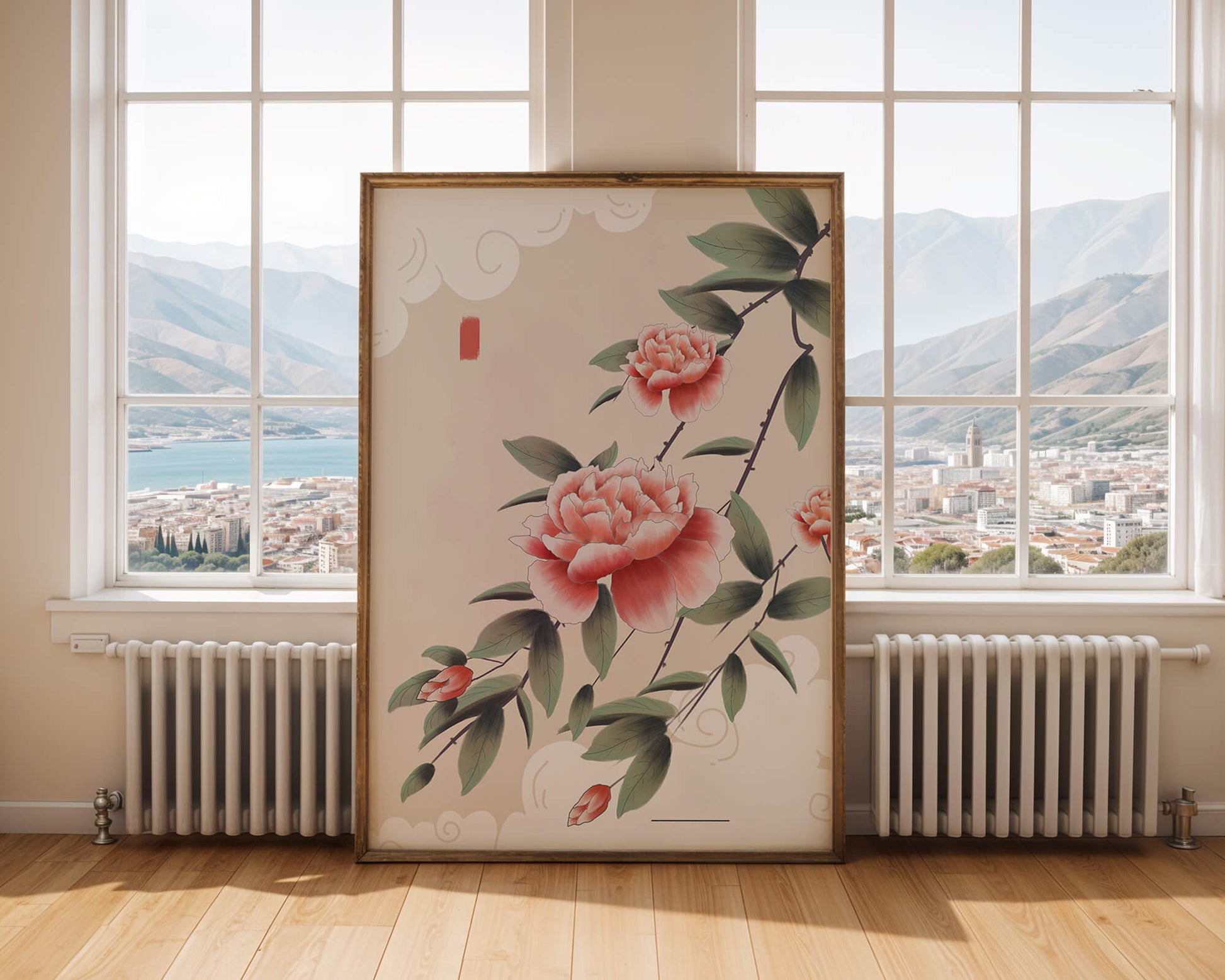 Oriental floral illustration with pink peonies and calligraphy