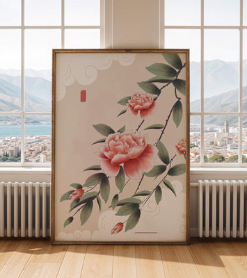 Oriental floral illustration with pink peonies and calligraphy