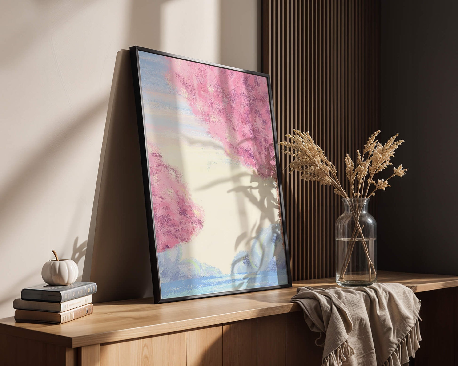 Serene Landscape with Cherry Blossom Trees and Tranquil Sky