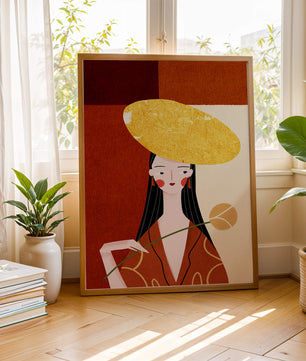 Elegant Woman with a Gold Hat and a Flower on a Red Background - Mi tienda