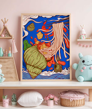 Intricate Noodle Illustration with Vibrant Colors and Detailed Elements