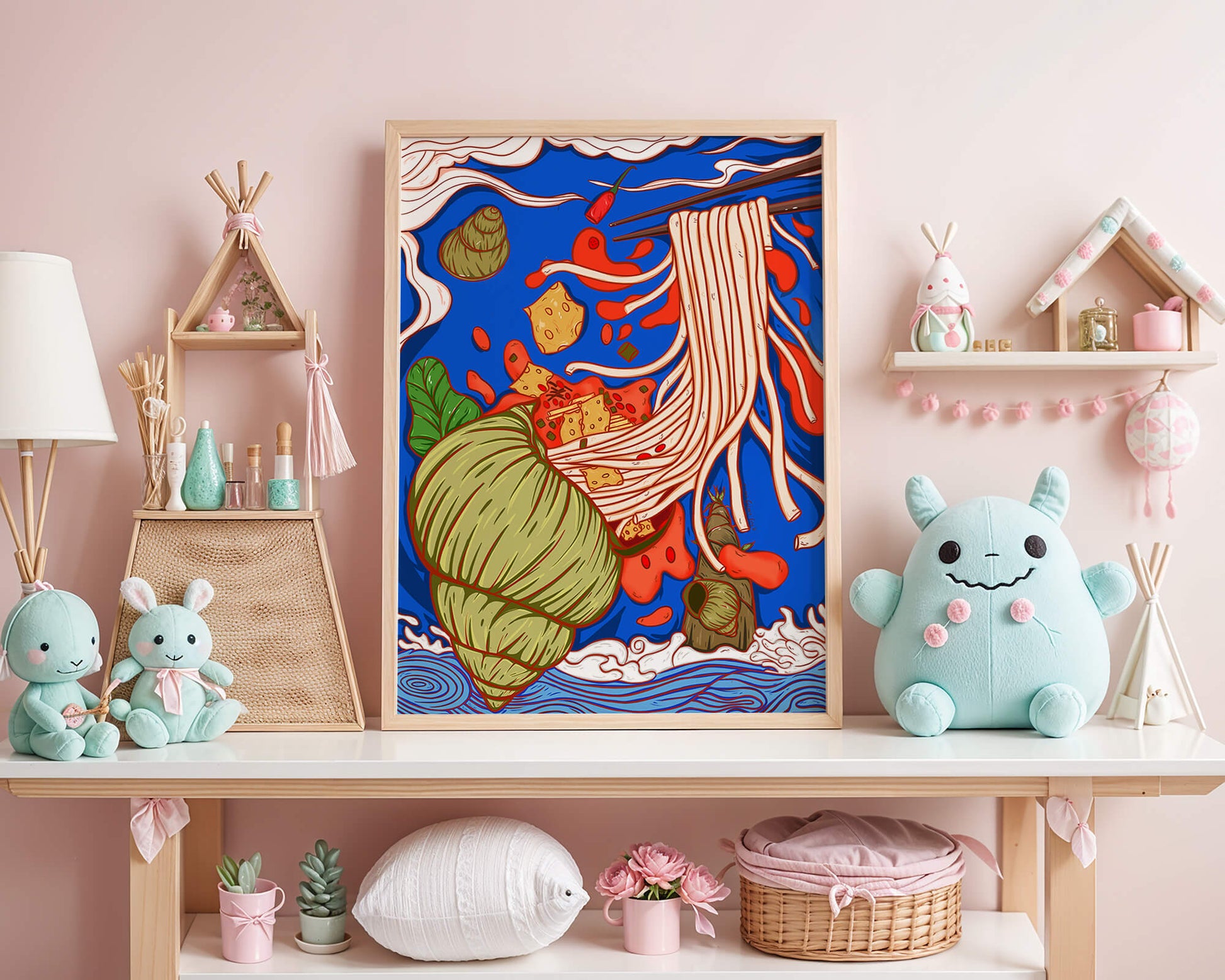 Ilustración intrincada de fideos con colores vibrantes y elementos detallados