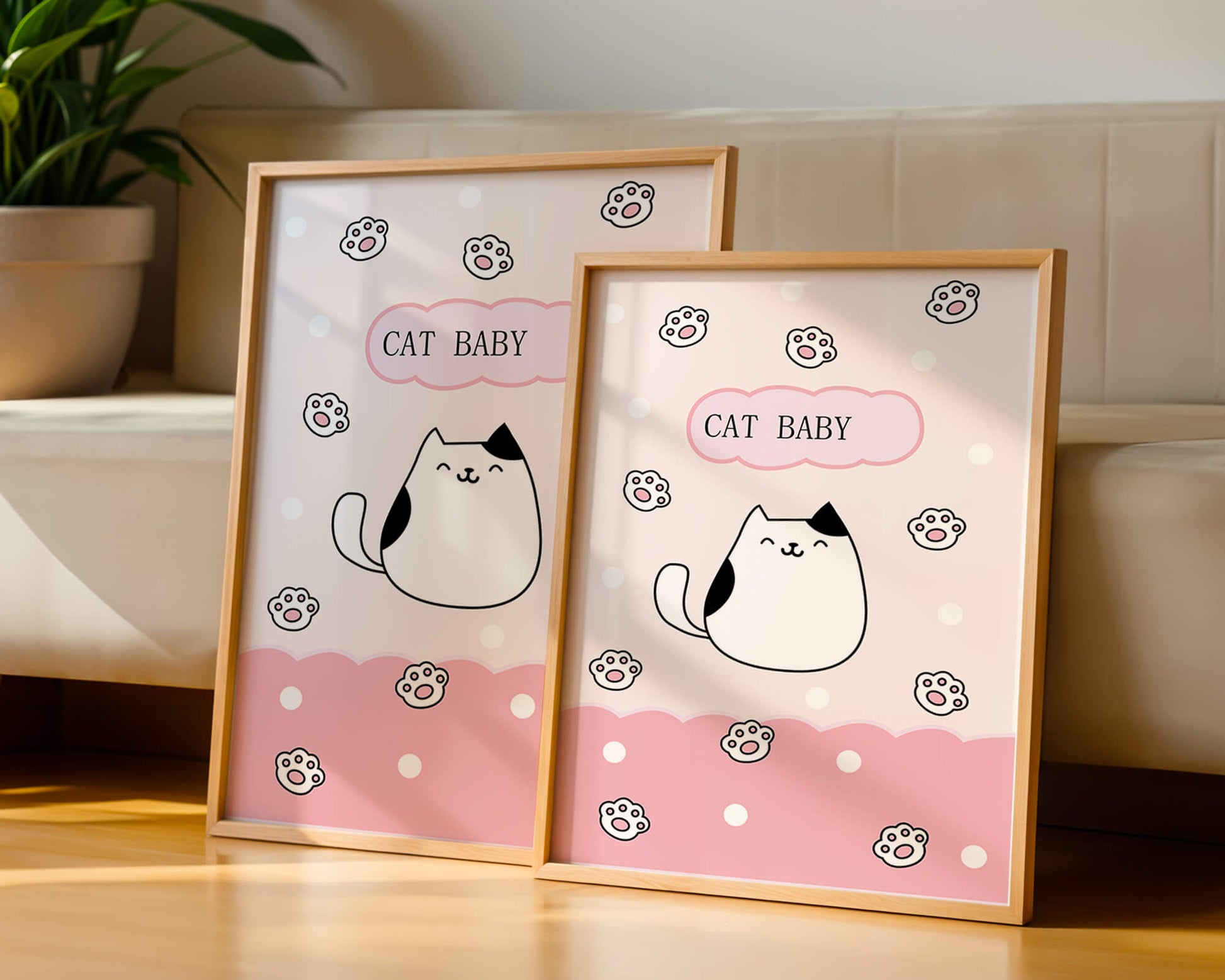 Adorable cat baby illustration with cute paw prints and polka dots