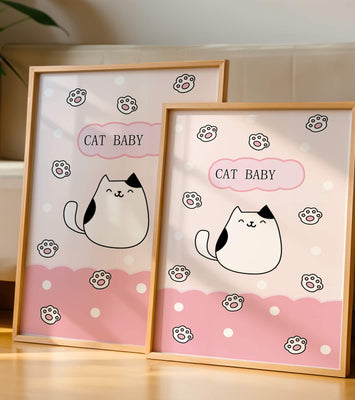 Adorable cat baby illustration with cute paw prints and polka dots