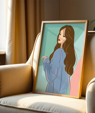 Illustration of woman with long hair and blue jacket