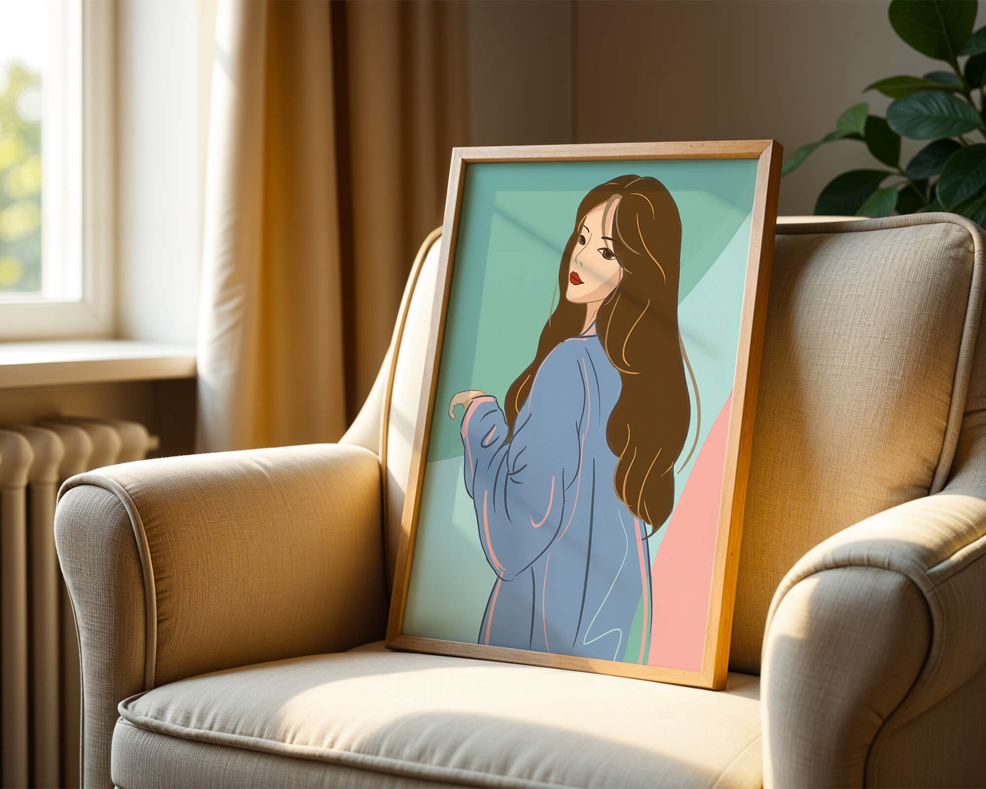 Illustration of woman with long hair and blue jacket
