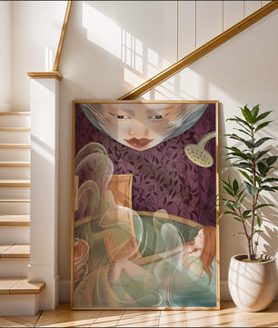 Escena de baño tranquila con elementos etéreos y papel tapiz ornamentado