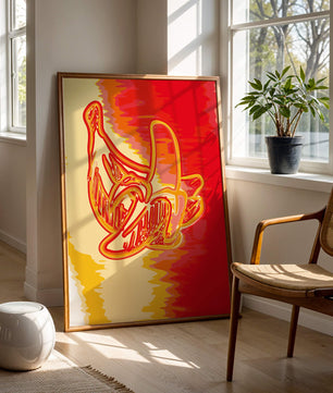 Abstract banana art with vibrant red and orange hues