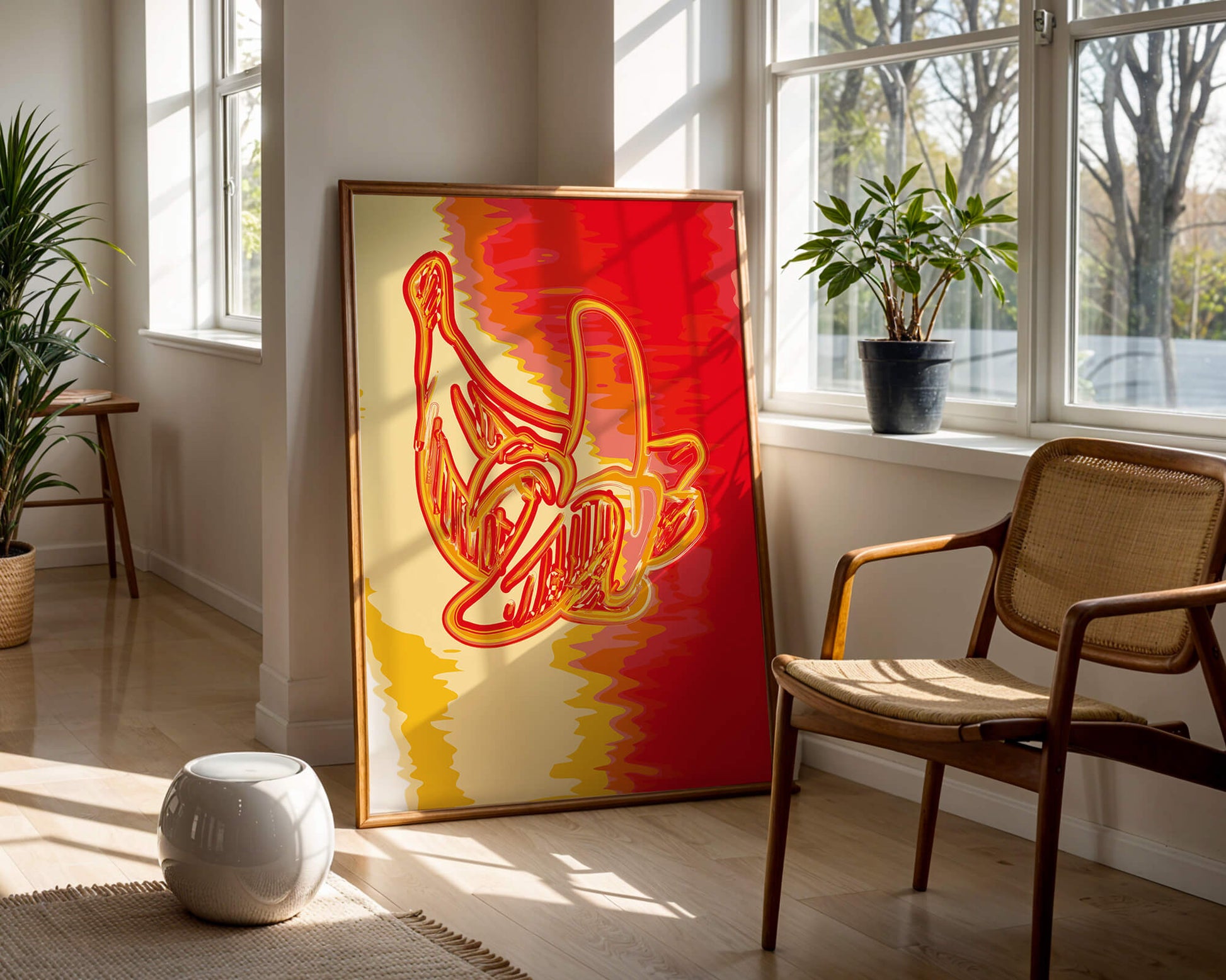 Abstract banana art with vibrant red and orange hues