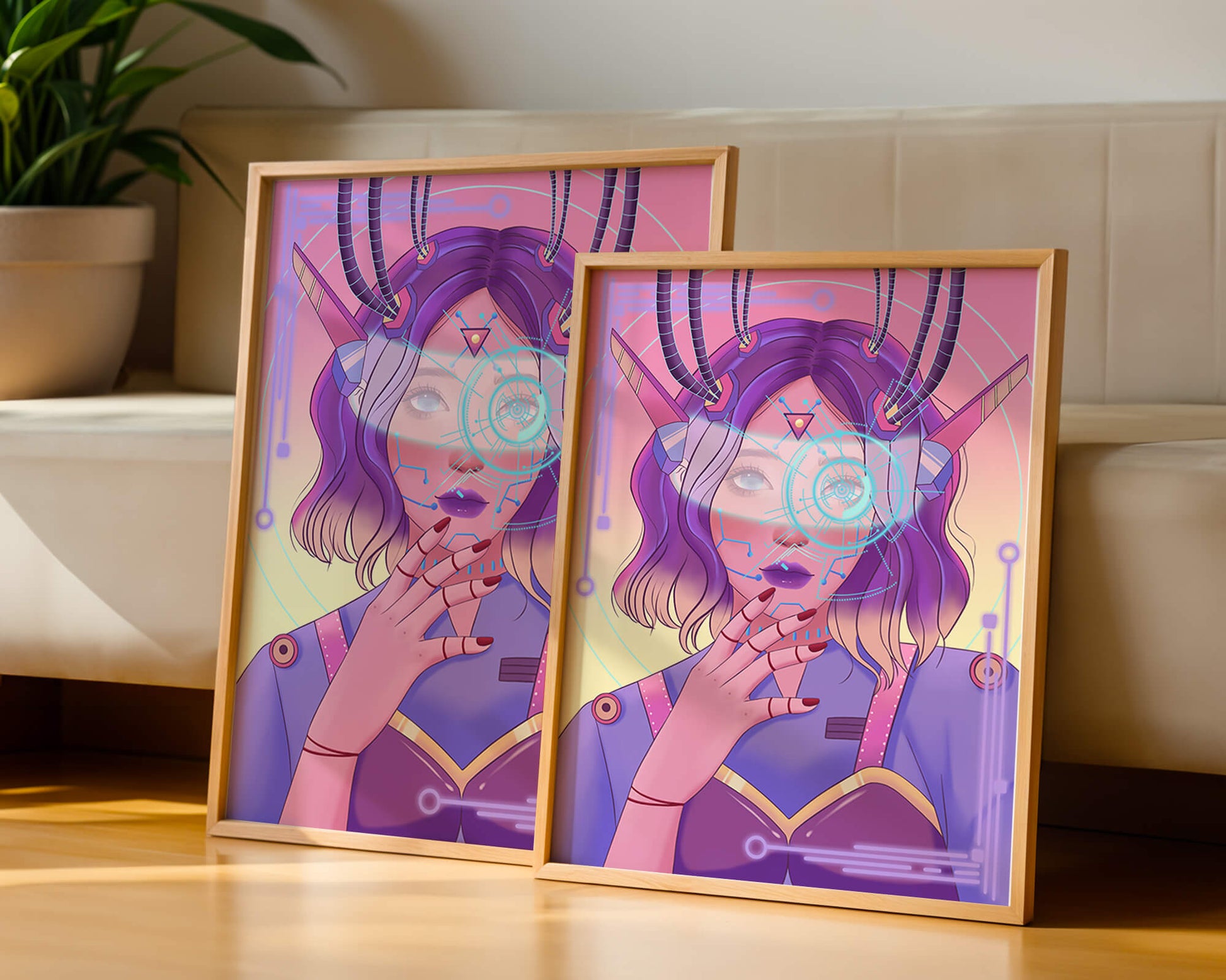Futuristic digital art featuring a cybernetic woman with a holographic interface