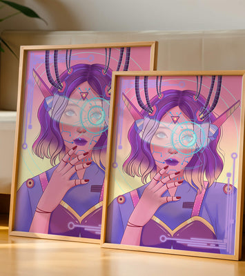 Futuristic digital art featuring a cybernetic woman with a holographic interface