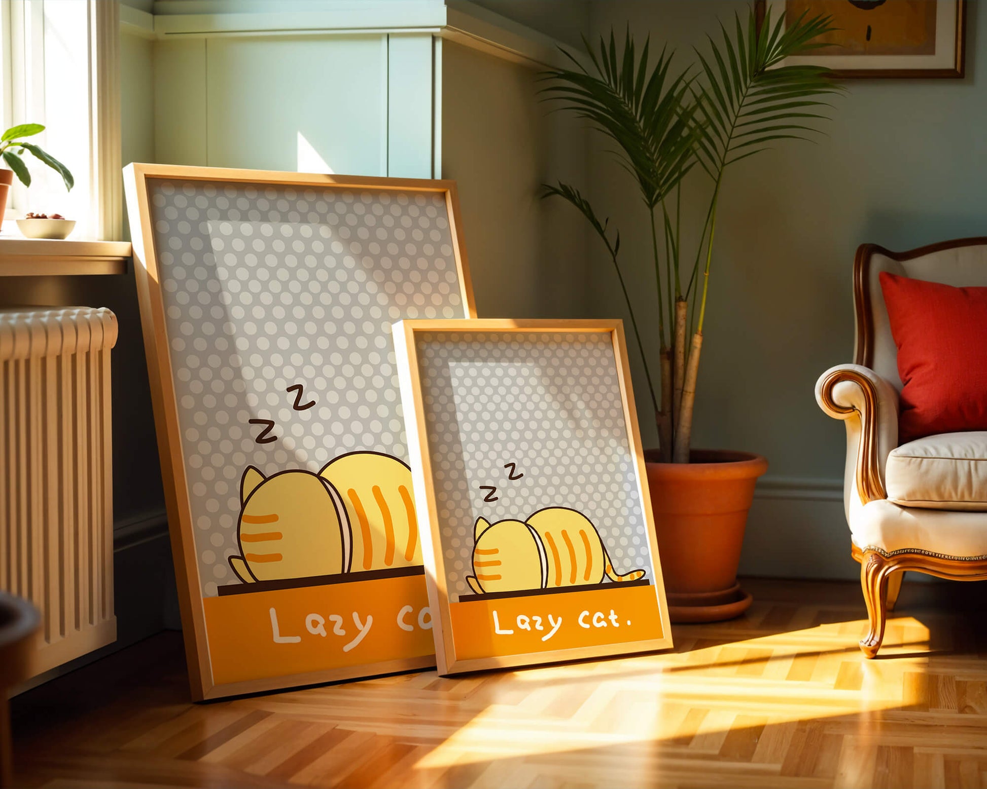 Sleeping cartoon cat with polka dot background