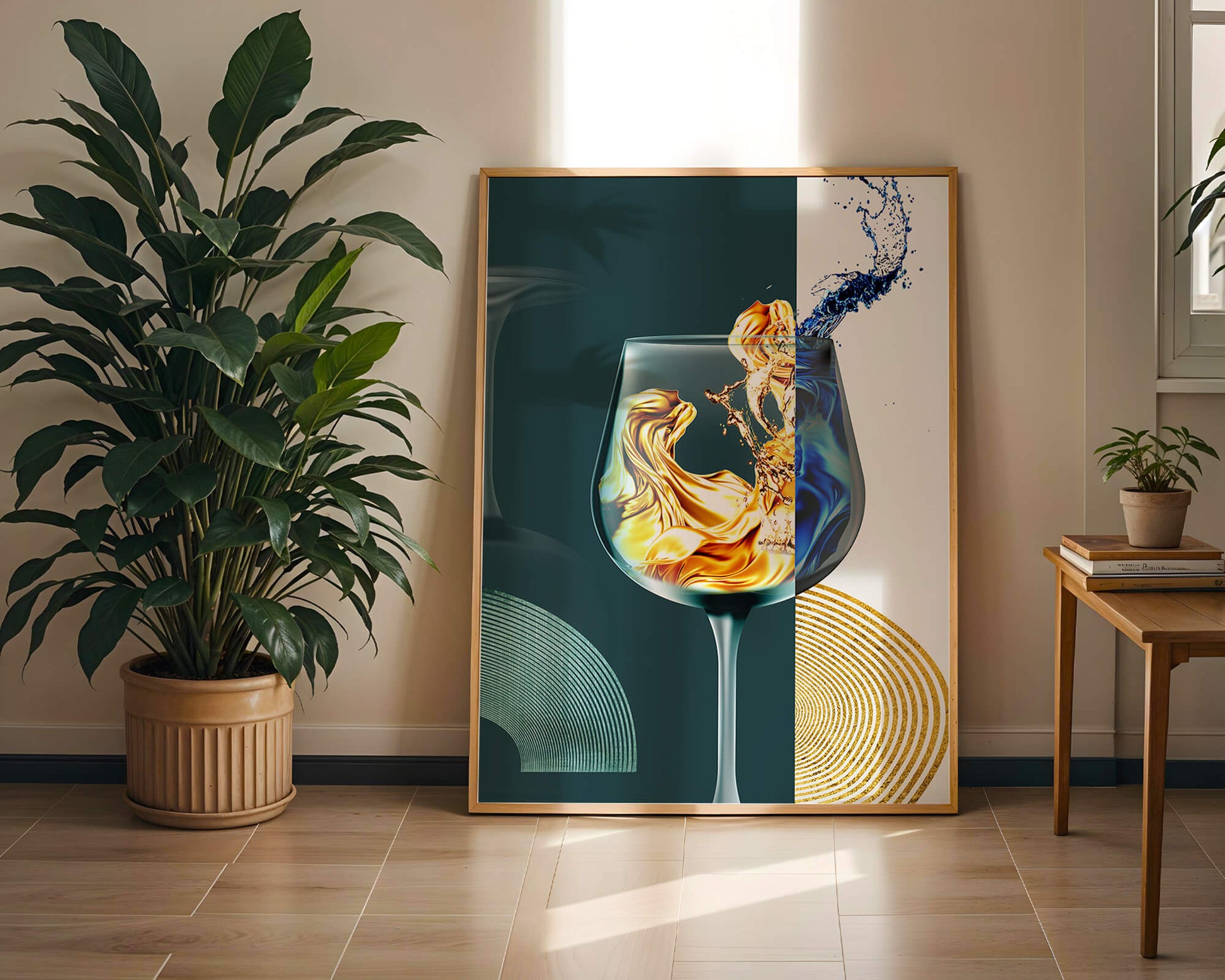 Fusión elegante de líquidos en una copa de vino con elementos dorados y azules
