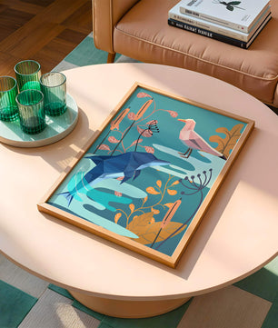Geometric Dolphin and Seagull with Floral Elements in Abstract Nature