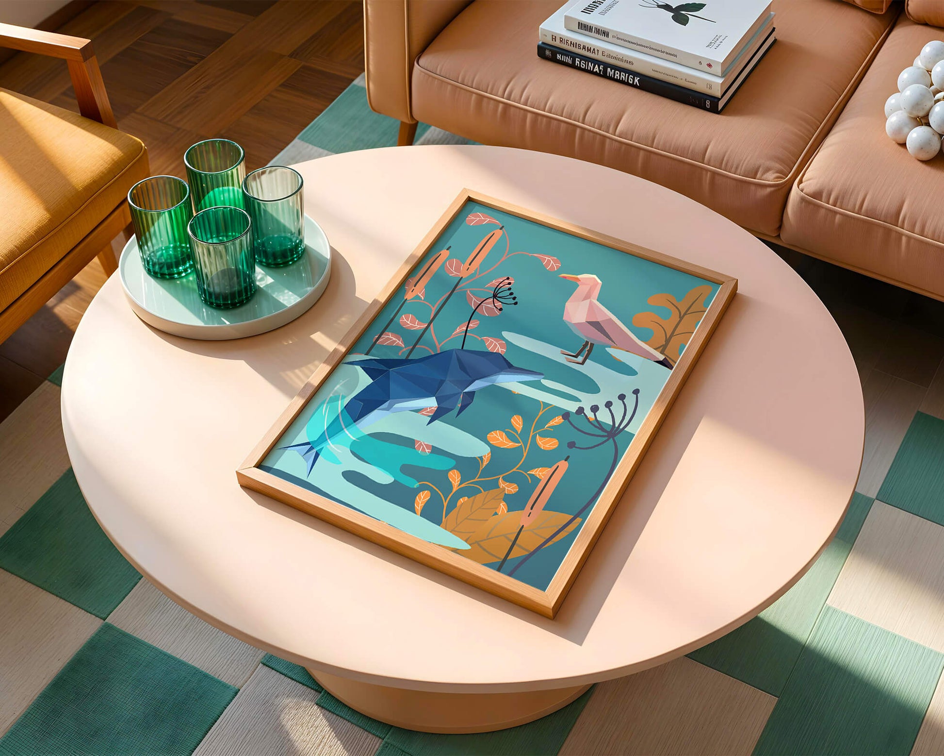Geometric Dolphin and Seagull with Floral Elements in Abstract Nature