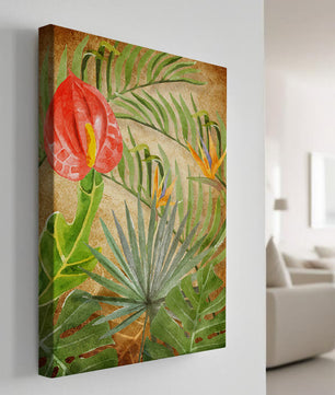 Colorful botanical illustration with tropical leaves on textured background
