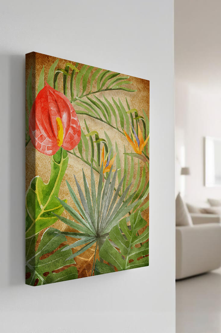 Colorful botanical illustration with tropical leaves on textured background