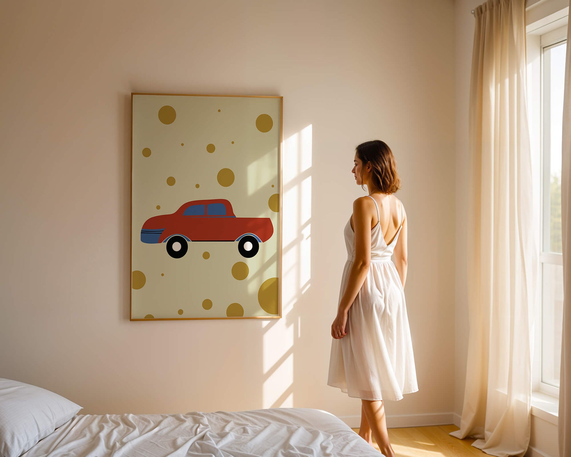 Abstract illustration of a red car with golden circles on a beige background