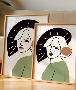 Minimalist Abstract Portrait Featuring Woman with Black Hat and Green Outfit - Mi tienda