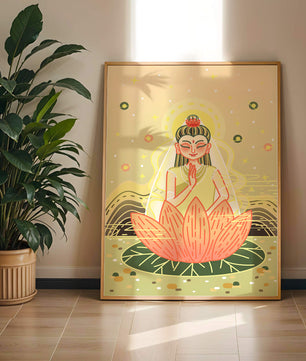Heitere Illustration einer meditativen Figur auf einem Lotus mit himmlischem Hintergrund