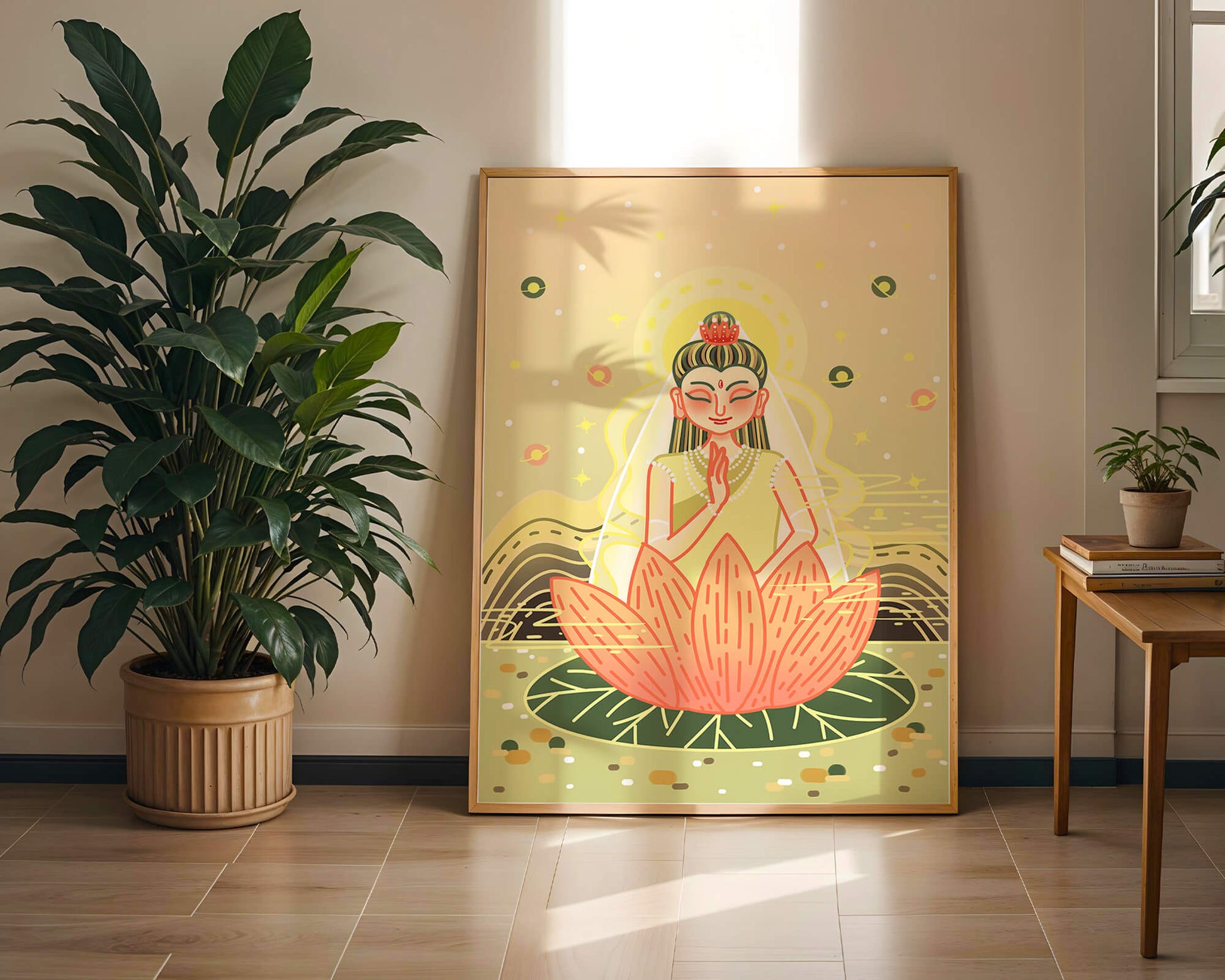 Serene illustration of meditative figure on a lotus with celestial background