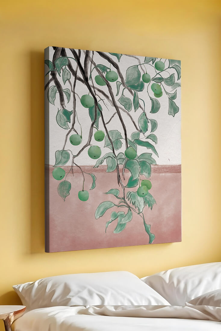 Branches With Green Apples And Leaves Over Pink Background
