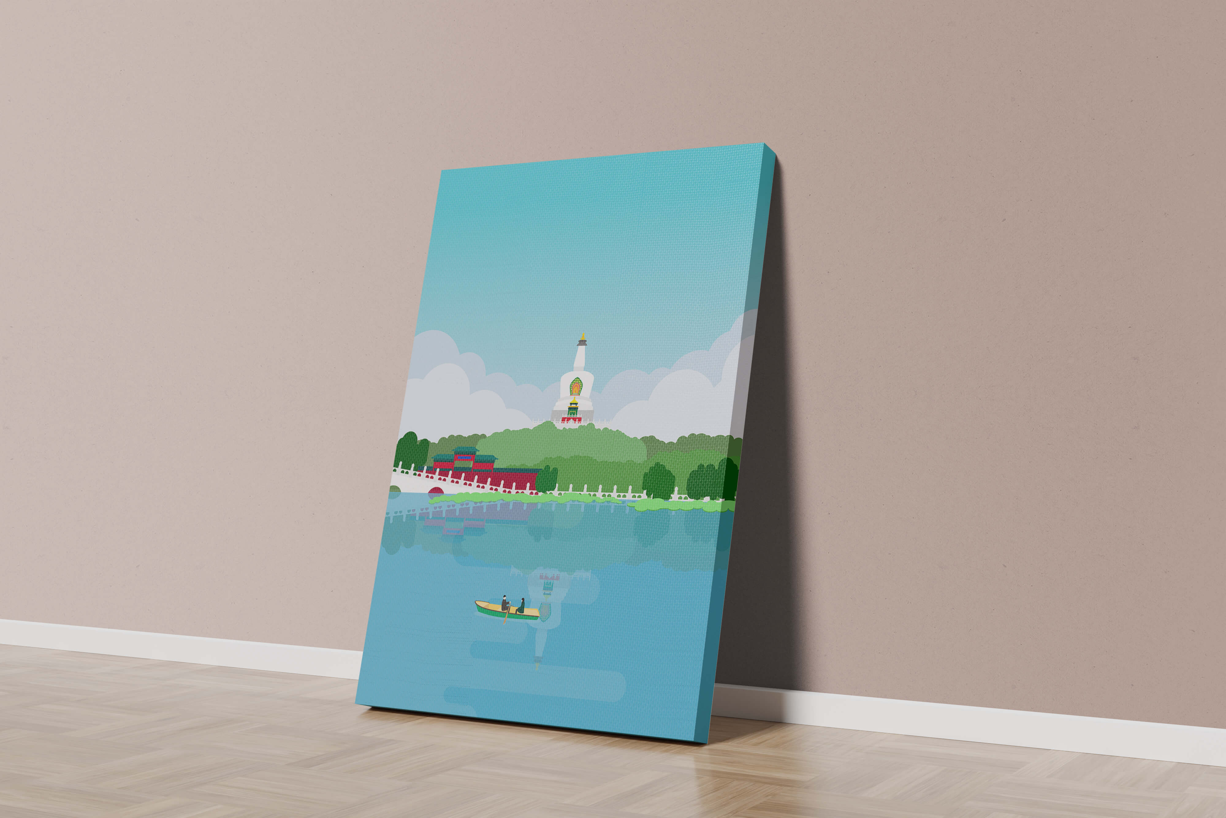 Serene lake scene with pagoda and rowing boat