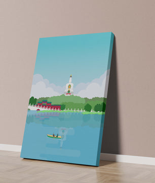 Escena de lago sereno con pagoda y bote de remos