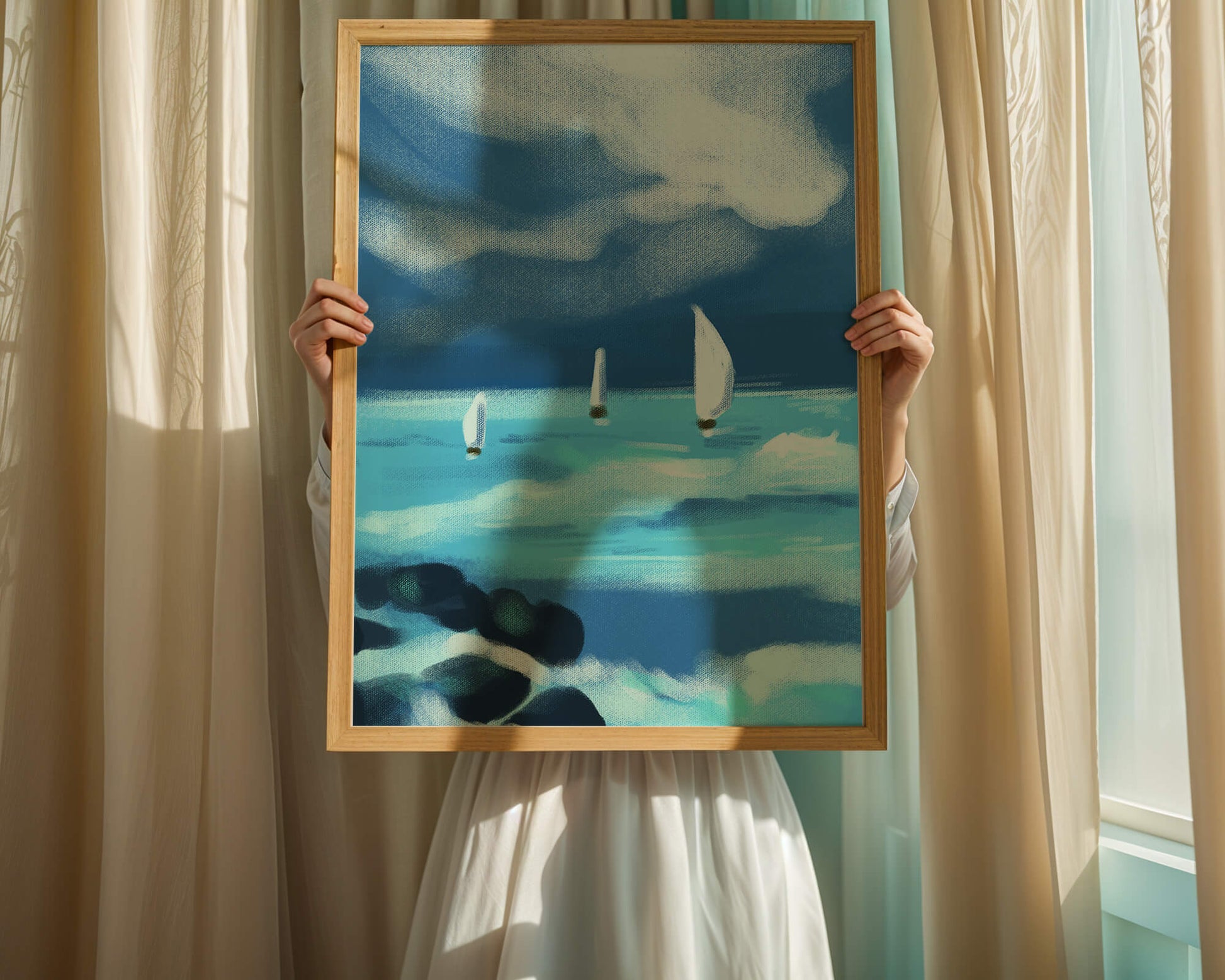 Seascape with sailboats navigating blue waves under a dramatic sky