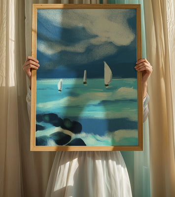 Seascape with sailboats navigating blue waves under a dramatic sky