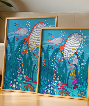 Underwater world illustration with whales and fish amidst seaweed