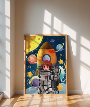 Young Astronaut with Rocket and Planets in Space Adventure