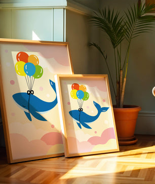 Skurriler Wal, der mit bunten Luftballons fliegt