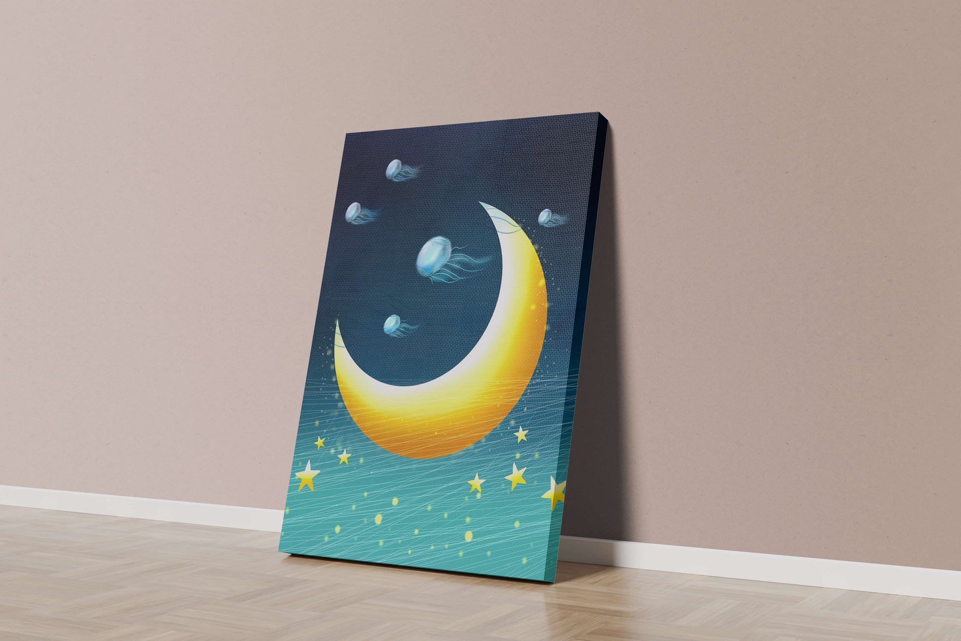 Night sky with golden crescent moon and jellyfish drifting