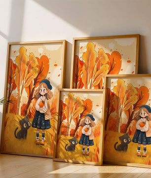 Girl with Cute Cat in Autumn Forest with Colorful Leaves