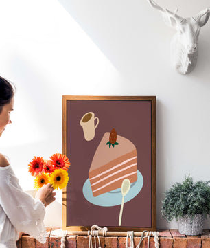 Ilustración de una porción de pastel con fresa y café