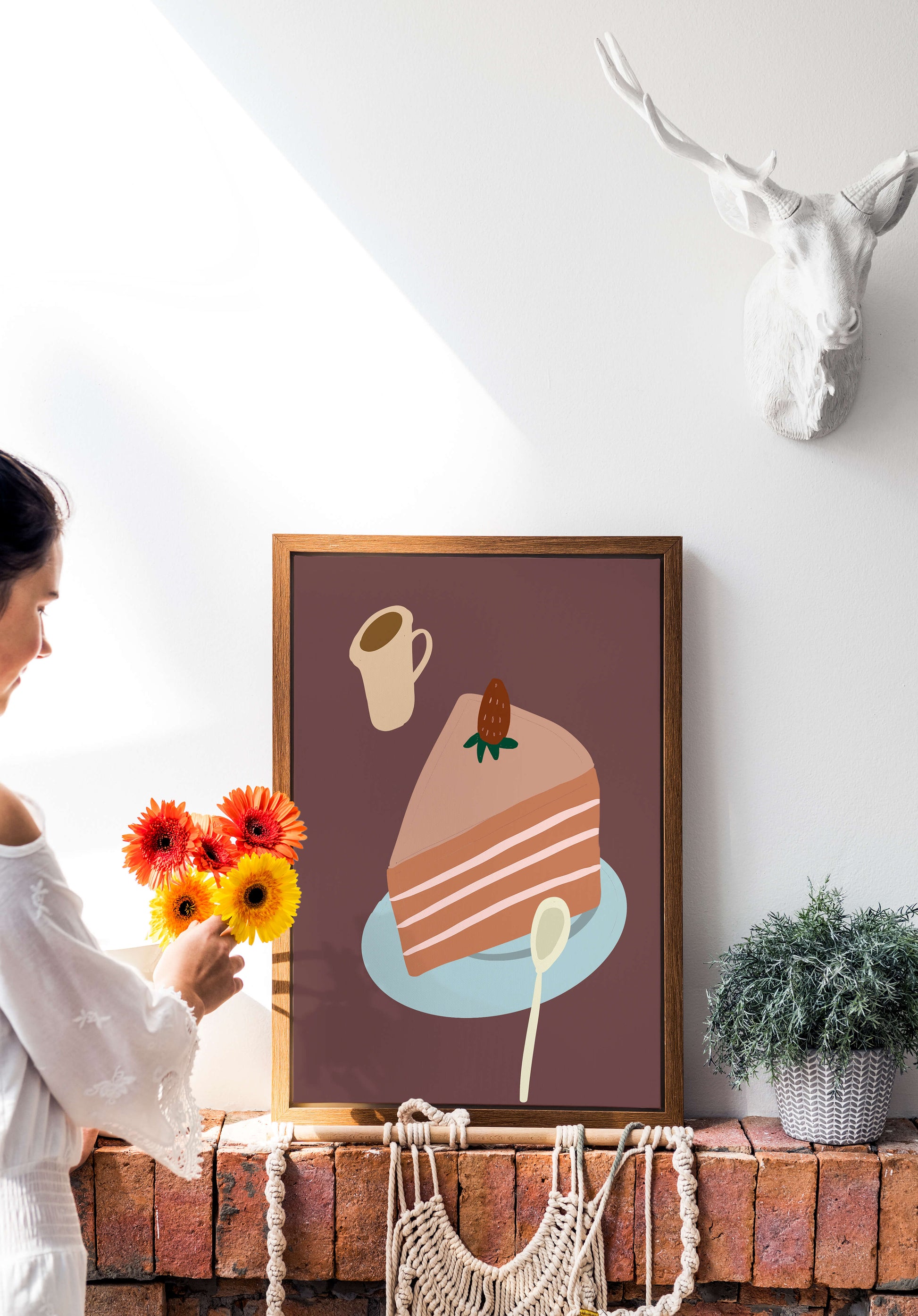 Illustration of a cake slice with strawberry and coffee