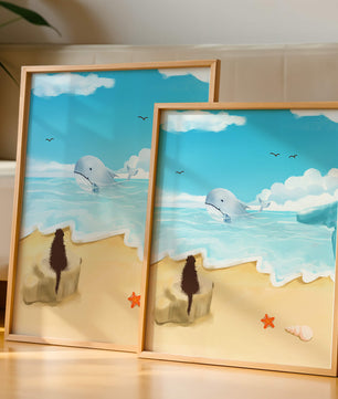 Meeresblick mit Wal und Elemente am Strand