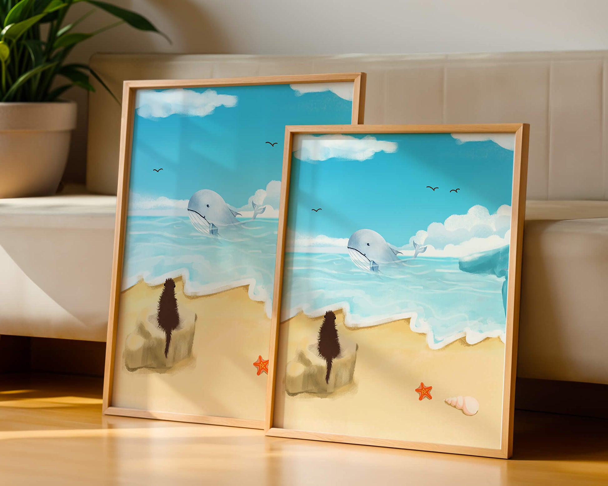 Vista al océano con ballena y elementos de playa