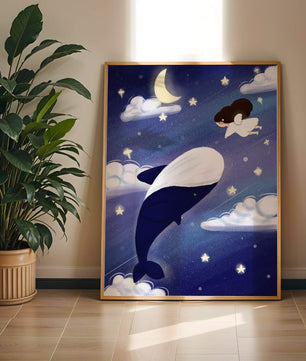 Whimsical night scene with flying angel and whale