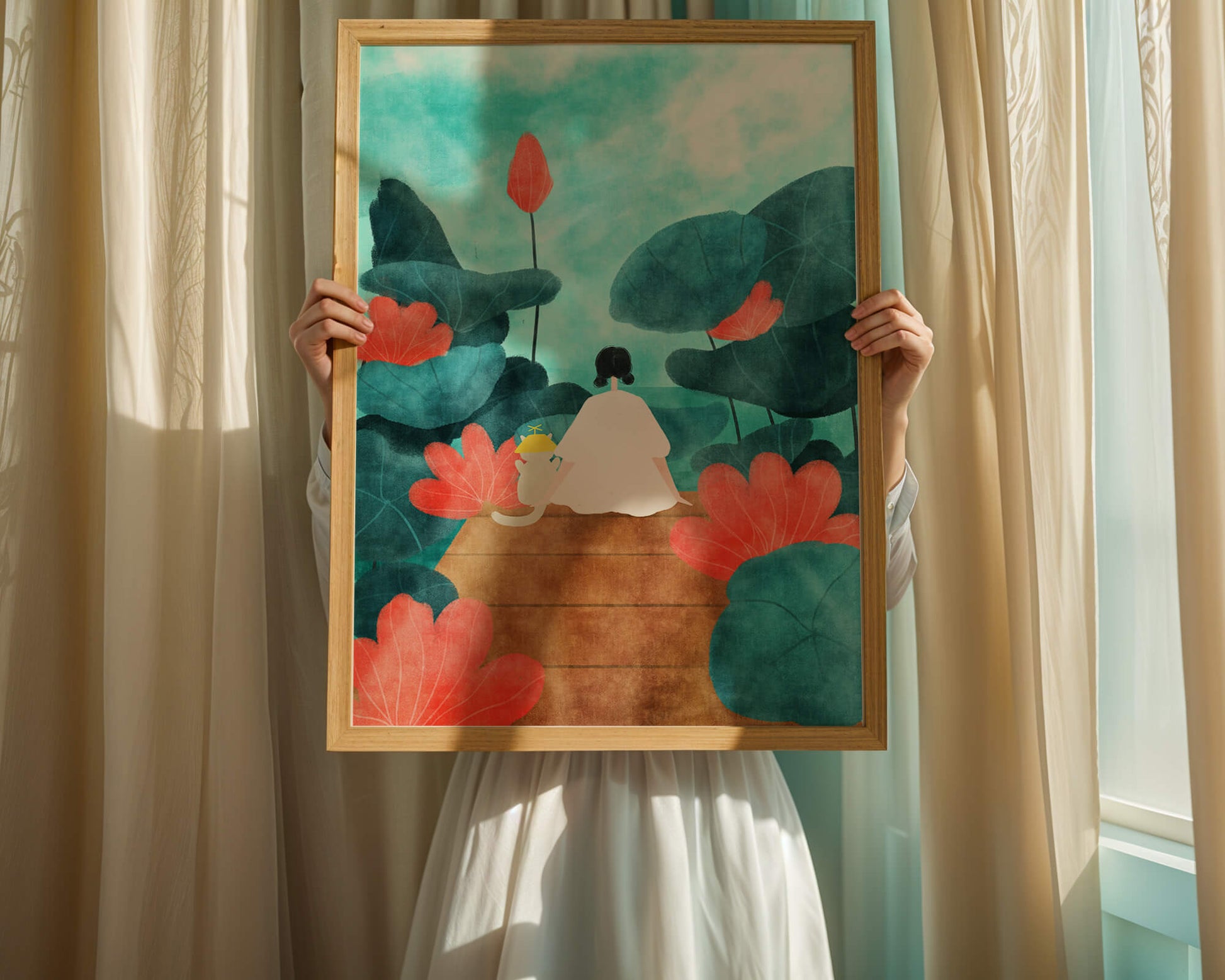 Serene scene with a person and cat among large leaves and flowers
