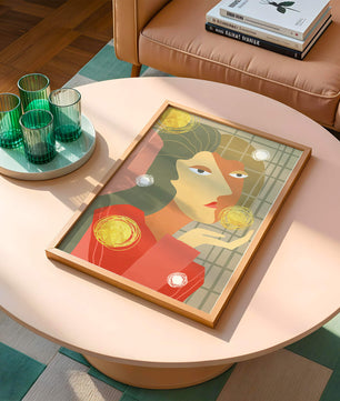 Abstract portrait artwork with geometric forms and gold accents