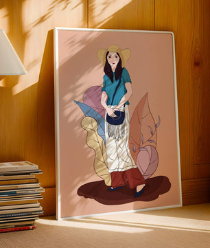 Stylish woman in summer attire with botanical background illustration